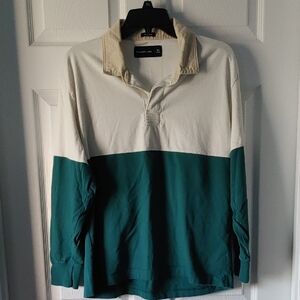 Abercrombie & Fitch Cream & Green LS Polo Shirt Oversized Mens XS *flaw on back*